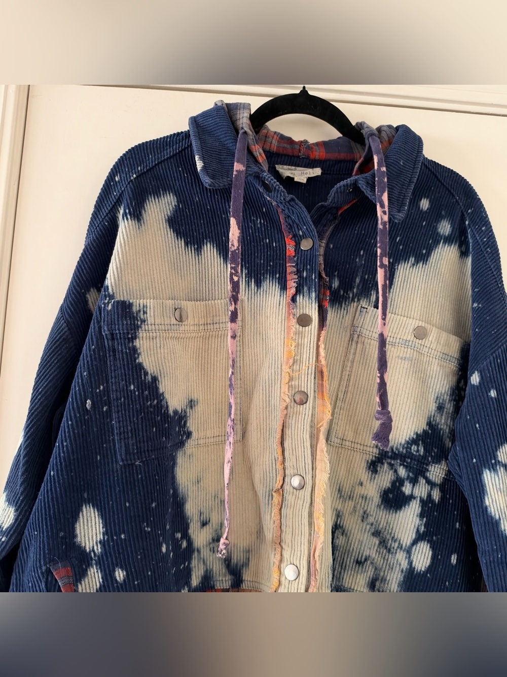 Oli & Hali Navy Bleach-Dyed Corduroy Hooded Utility Jacket Plaid Accents - Picture 2 of 6